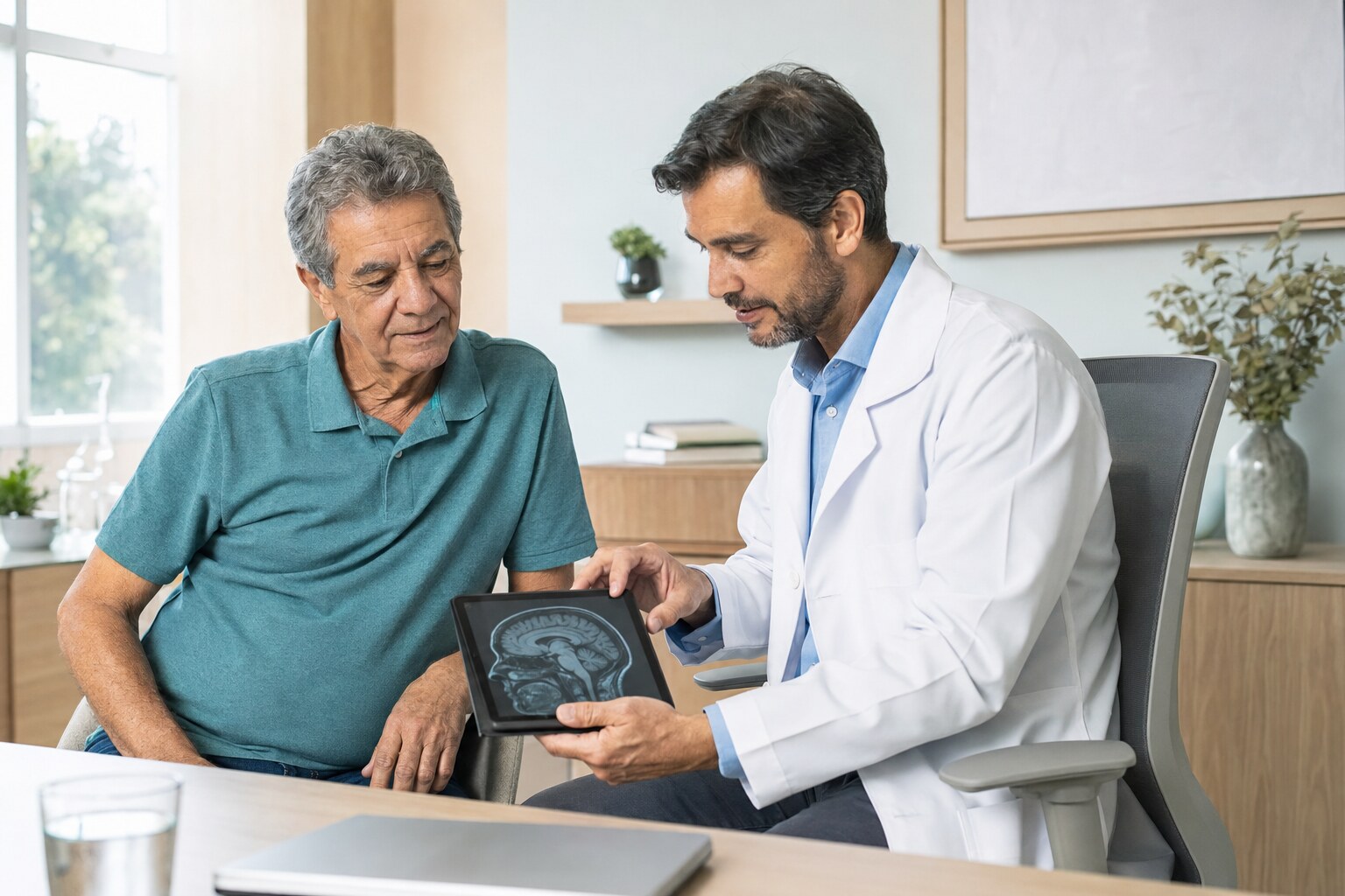 Paciente idoso e médico conversando sobre novos tratamentos para Alzheimer